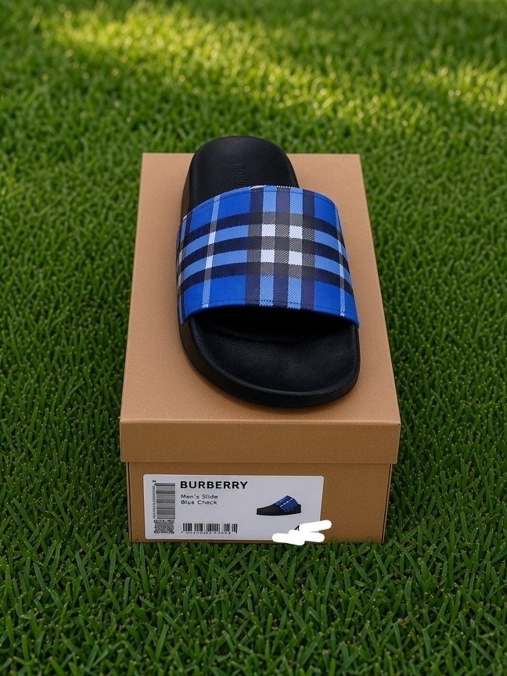 Burberry Blue Plaid Slide Sandals for Men